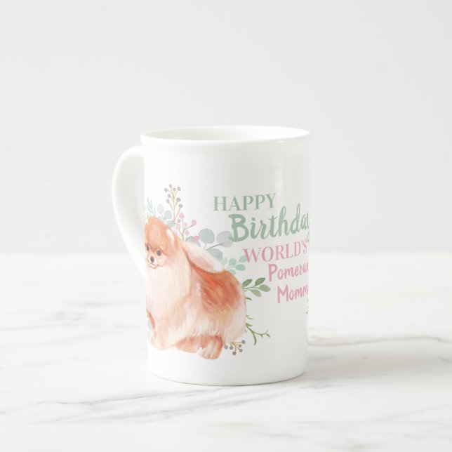 Fintvätt av benet-Chinan POMERANIAN Mamma Birthday Benporslin Mugg (Framsida vänster)