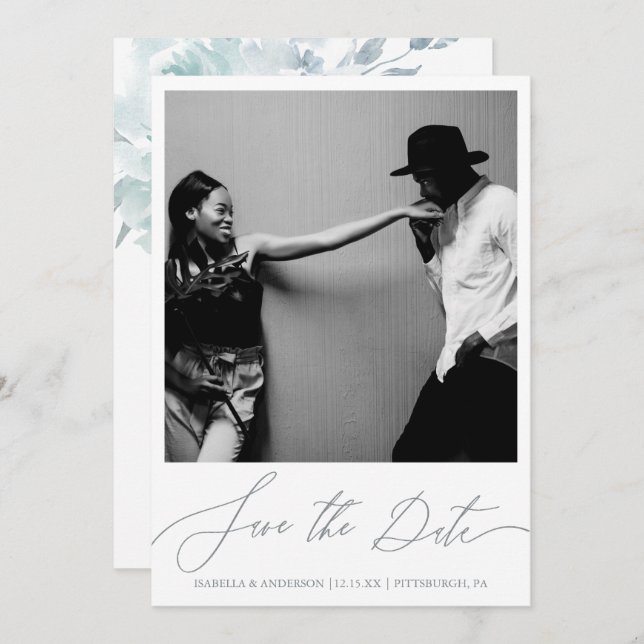 Fintvätt av blå Blommigt - Kalligrafi Spara Datumet (Fram/baksida)