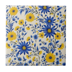 Fintvätt av Blommigt och Gula blommor Kakelplatta