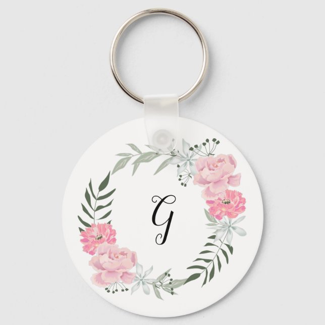 Fintvätt av blommigt, rosa peonier nyckelring (Framsida)