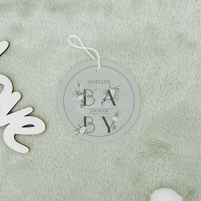 Fintvätt av Blommigten Baby Shower för Grönt Gåvor Etiketter (Skapare uppladdad)