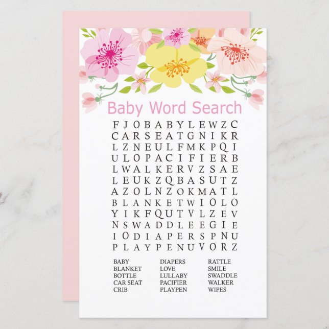 Fintvätt av blommor, babyskor, Ord-sökspel (Fram/baksida)