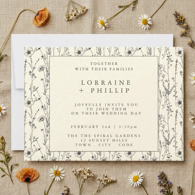 Fintvätt av blommor från vilden mönster bröllopsin inbjudningar (Delicate wild flowers pattern wedding invitation.)