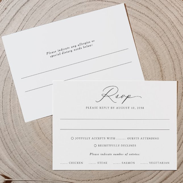 Fintvätt av Bröllop OSA för kalligrafi (Modern RSVP card with calligraphy and meal choices—includes space for guest allergies on back.)