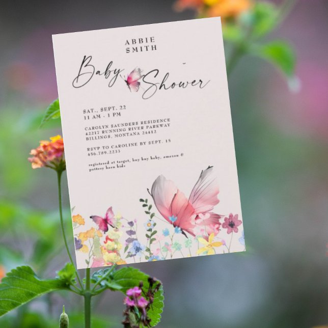 Fintvätt av butterflies och Wildblommor Baby Showe Inbjudningar (Skapare uppladdad)