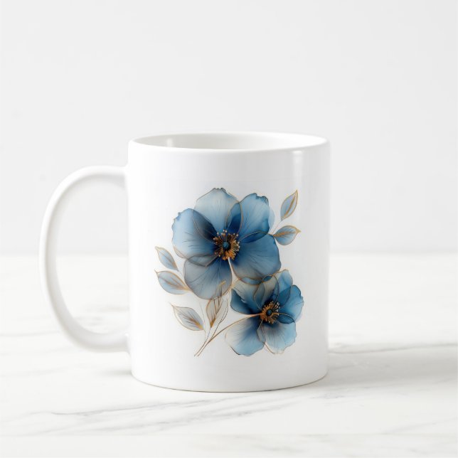 Fintvätt av dammblått och guld blommor kaffemugg (Vänster)