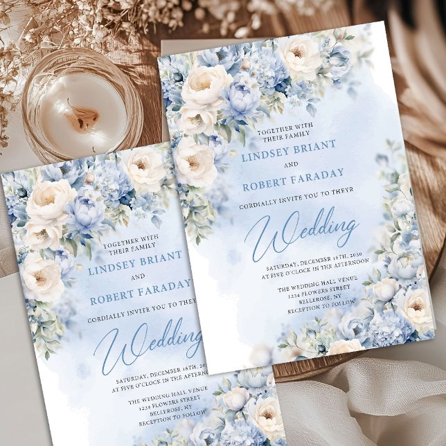 Fintvätt av dammblått och vitt blommor seger bröll inbjudningar (Winter Watercolor blue and beige roses eucalyptus greenery wedding invitation digital)