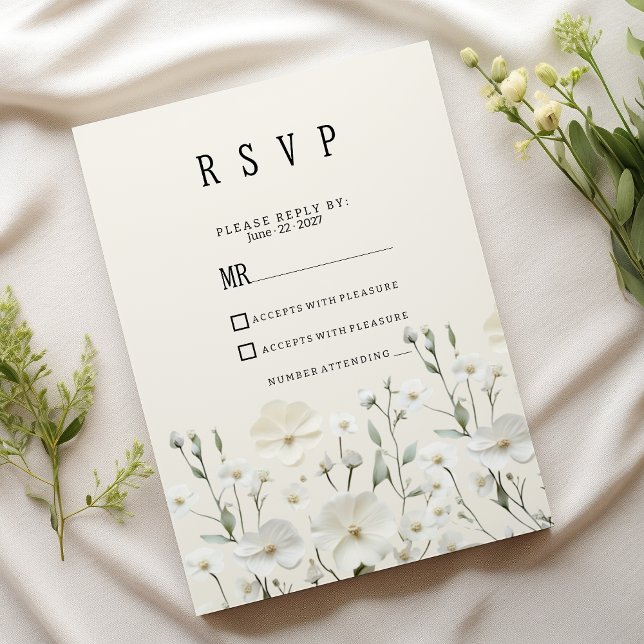Fintvätt av elfenbensvit blommigt arrangemang OSA Inbjudningar (Delicate ivory white floral arrangement RSVP)