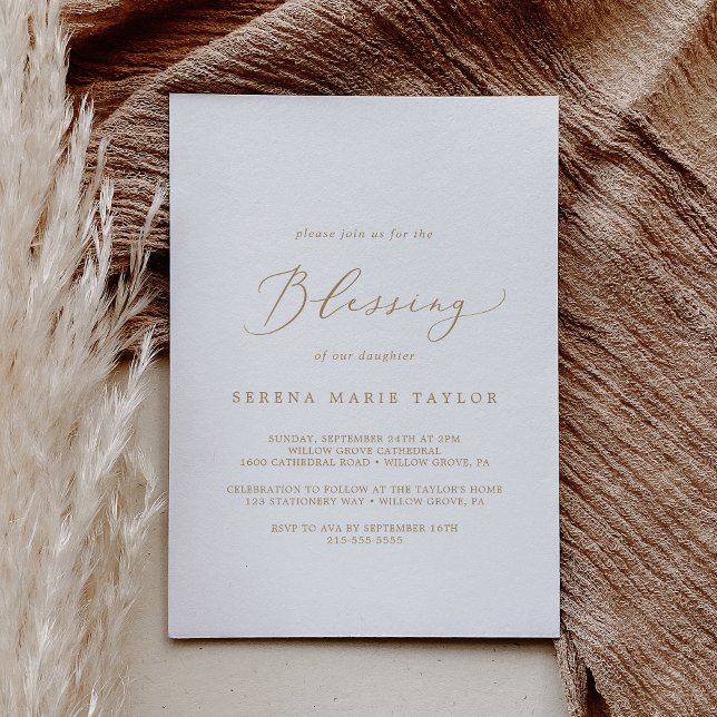 Fintvätt av enkel Baby--kalligrafi i Guld Inbjudningar (Delicate Gold Calligraphy Simple Baby Blessing Invitation)