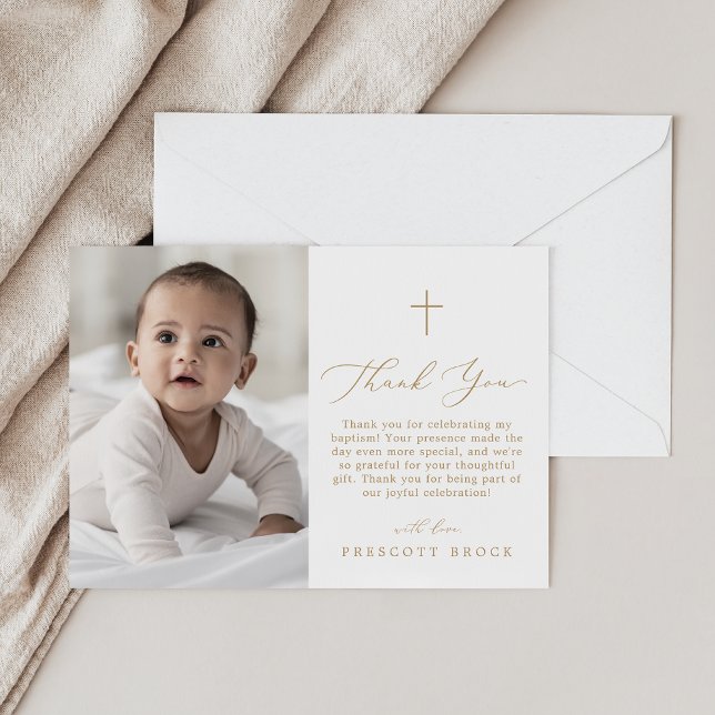 Fintvätt av enkel Kor-baptism från Guld-fotominima Tack Kort (Delicate Gold Photo Minimal Simple Cross Baptism Thank You Card)