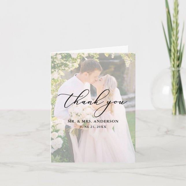 Fintvätt av falligrafi Bröllop 2-fotoöverlägg Tack Kort (Framsida)