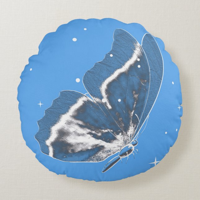 Fintvätt av fjäril i blå runda påfyllnad rund kudde (Framsidan)