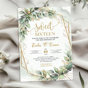 Fintvätt av grönt, eukalyptus och guld sweet sixte inbjudningar