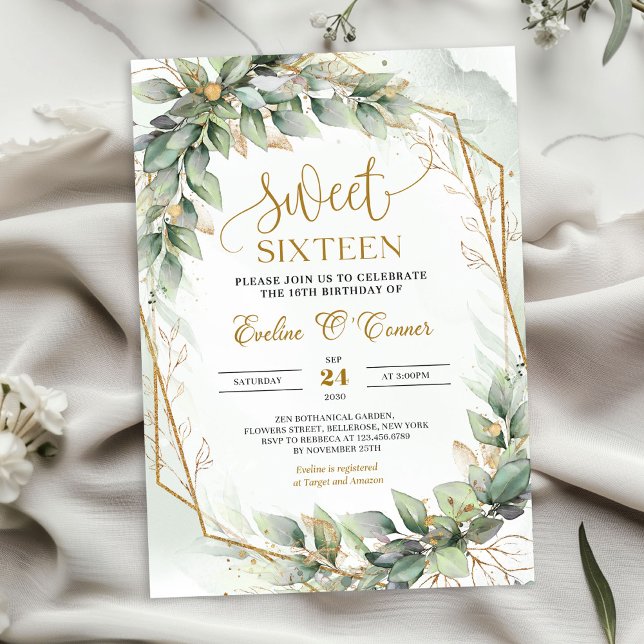 Fintvätt av grönt, eukalyptus och guld sweet sixte inbjudningar (Chic watercolor green eucalyptus and gold sweet sixteen invitation digital)