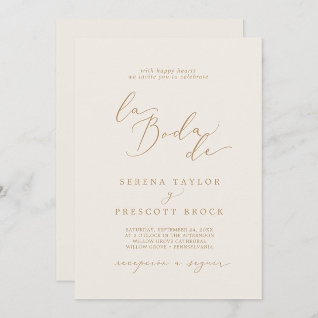 Fintvätt av Guld Calligraphy Cream La Boda De Bröl Inbjudningar (Fram/baksida)
