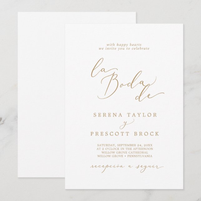 Fintvätt av Guld Calligraphy La Boda De Bröllop Inbjudningar (Fram/baksida)