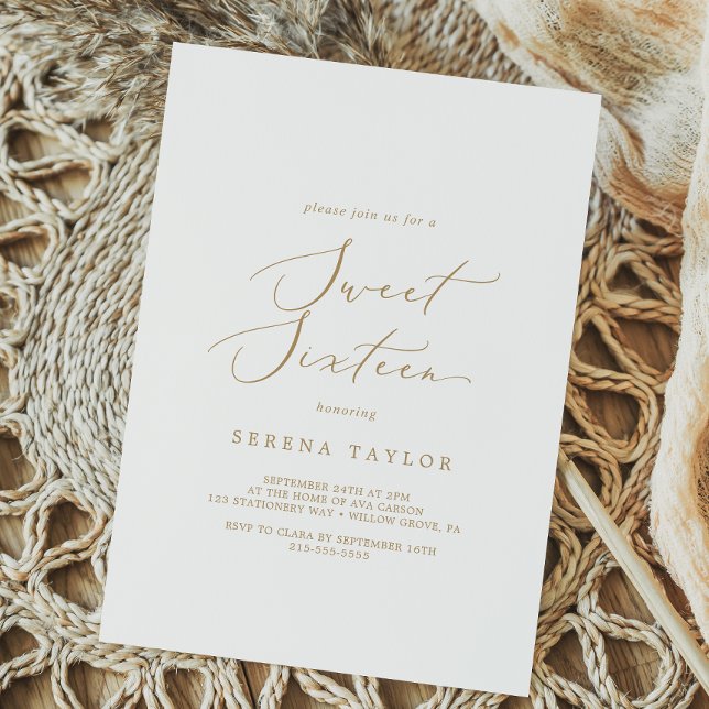 Fintvätt av Guld Calligraphy Sweet sixteen Birthda Inbjudningar (Skapare uppladdad)