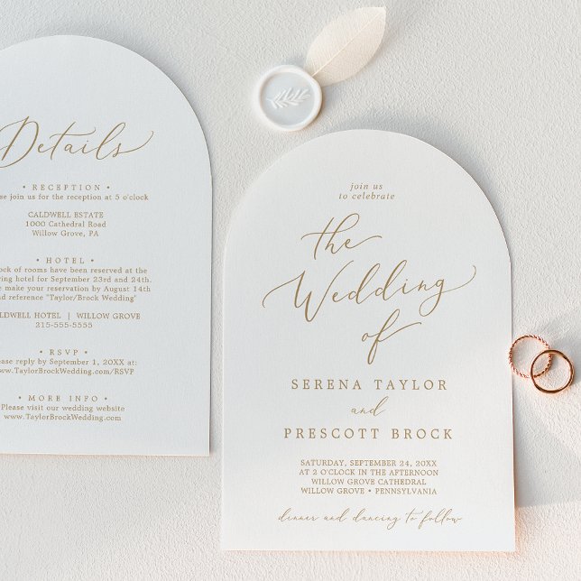 Fintvätt av Guld-kalligrafi allt på ett Bröllop Inbjudningar (Delicate Gold Calligraphy Arch All In One Wedding Invitation)
