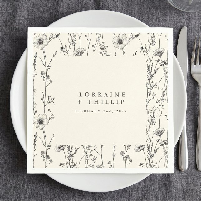 Fintvätt av höstens vild blommor bröllop napkin pappersservett (Delicate autumn wild flowers wedding napkin.)