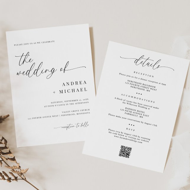 Fintvätt av kalligrafi allt i en modern Bröllop Inbjudningar (Delicate Calligraphy Wedding Invitation with Details on Back - Simple Modern All in One Invitation)
