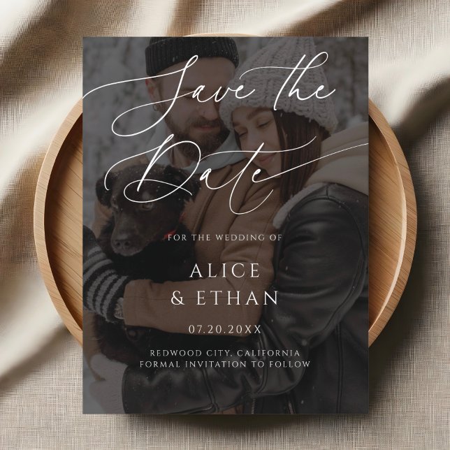 Fintvätt av kalligrafi, foto Bröllop spara datum Inbjudan Vykort (Skapare uppladdad)