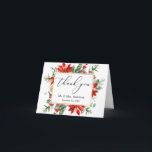 Fintvätt av kalligrafi Poinsettia Bröllop Tack Kort<br><div class="desc">Modern Elegant Vacker Fintvätt Kalligrafi med Bröllop-Tack-mappat anteckningskort omfattar rött poinsettias,  eukalyptus löv,  gräs-koner,  gräs-nål,  bomull,  hollybär och andra vackra botaniska grejer på vintern. Guld Ram. Rödryggen.</div>
