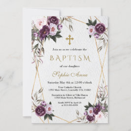 Fintvätt av Lila Rosa Peony Flowers Guld Baptism Inbjudningar