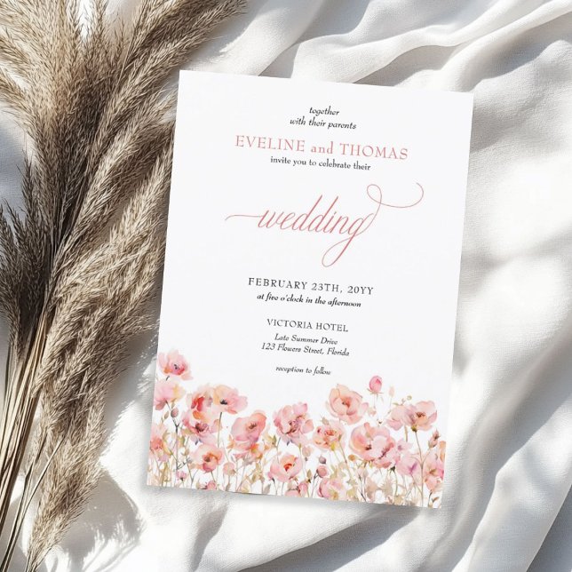 Fintvätt av minimalistisk boho sommar-rosa-blommor inbjudningar (Delicate minimalist boho summer pink wildflowers invitation)