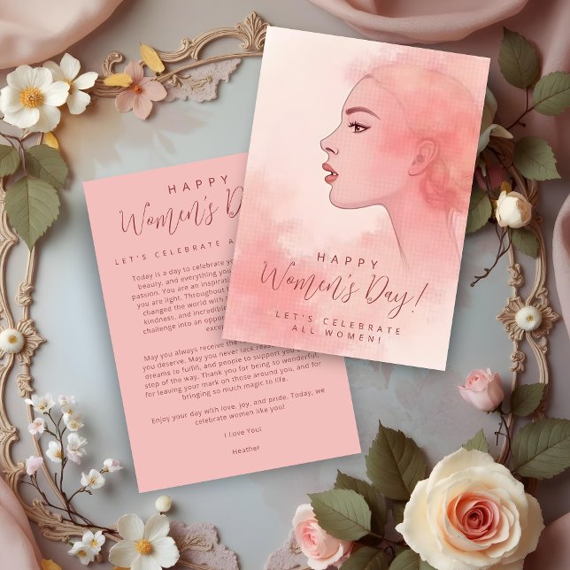 Fintvätt av minimalistisk kvinna i Rosa Shades Julkort (Delicate Minimalist Woman in Pink Shades Greeting Cards for Women's Day. )