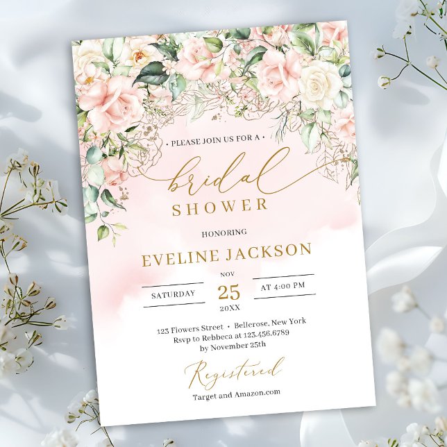 Fintvätt av mjuk pastel rosa ros guld Möhippa Inbjudningar (Boho Blush pink floral eucalyptus gold bridal shower invitation digital download)