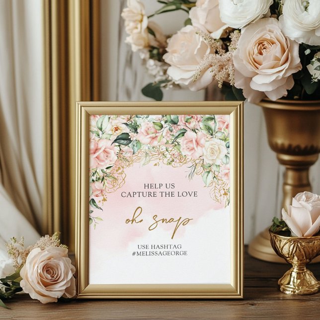 Fintvätt av mjuk pastel rosa ros guld poster (Delicate soft pastel pink roses gold Oh snap sign)