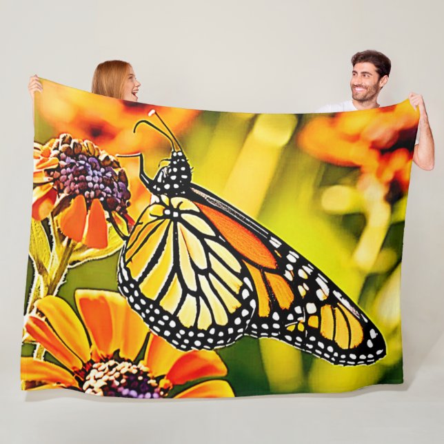 Fintvätt av monarch Butterfly-blommor Fleecefilt (På plats)