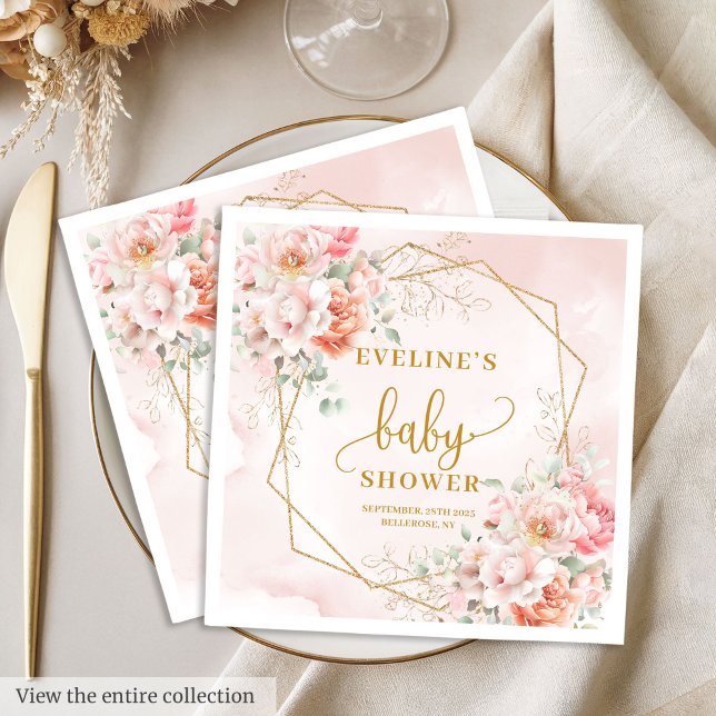 Fintvätt av pastel rosa blommigt babyduschcocktail pappersservett (Delicate pastel pink floral baby shower cocktail Napkins)