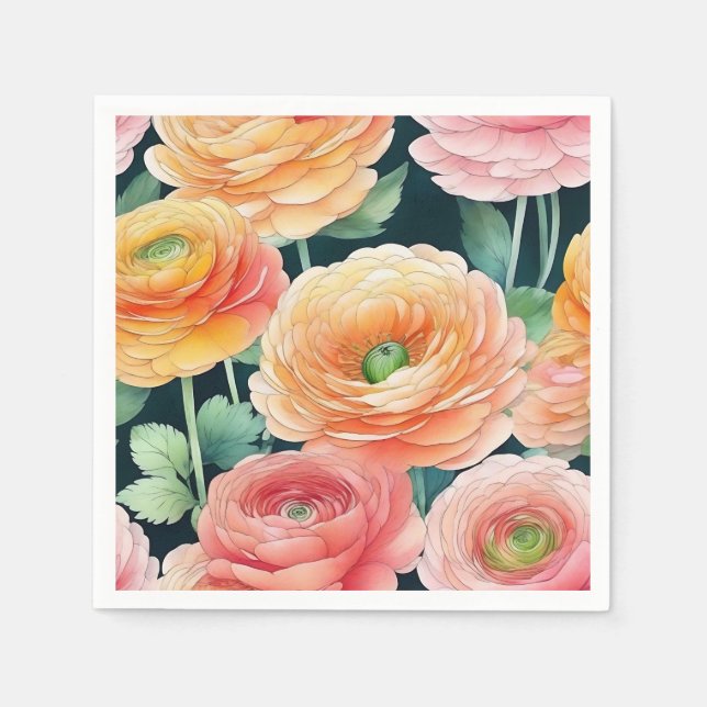 Fintvätt av Ranunculus Flowers Vattenfärg Pappersservett (Framsidan)