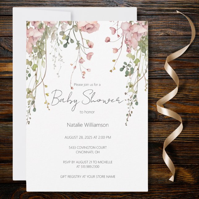 Fintvätt av Rosa Blommigt Babykläder Inbjudningar (Also available with QR code. )