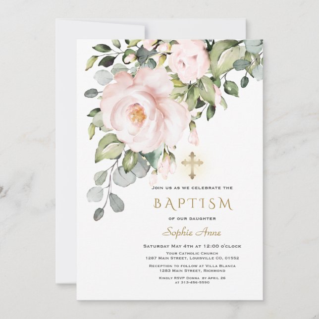 Fintvätt av Rosa Blommor Guld Kor Flickor Baptism Inbjudningar (Framsida)