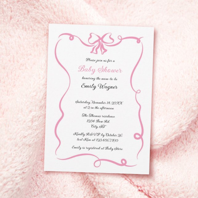 Fintvätt av Rosa Bow Baby Shower Inbjudningar (Skapare uppladdad)
