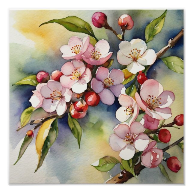 Fintvätt av Rosa Cherry Blommars Vattenfärgsfärg Fototryck (Framsidan)