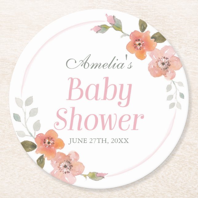 Fintvätt av Rosa för barn i Blommigten Baby Shower Underlägg Papper Rund (Framsidan)
