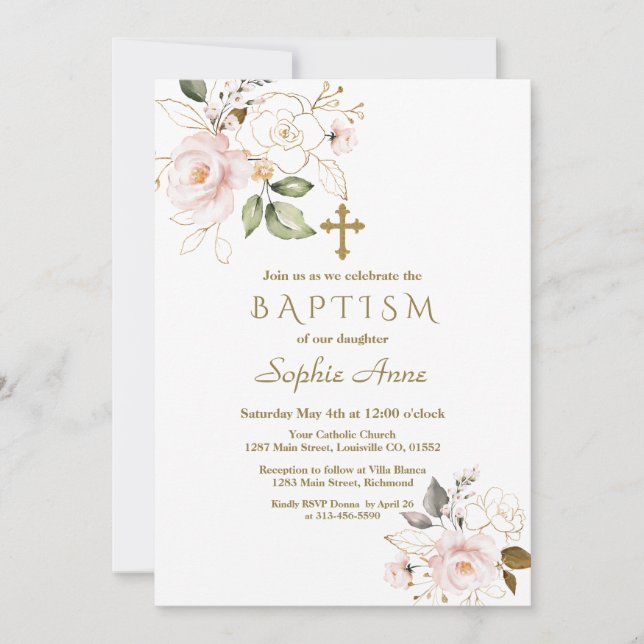 Fintvätt av Rosa  Guld Blommor Kor Baptism Inbjudningar (Framsida)