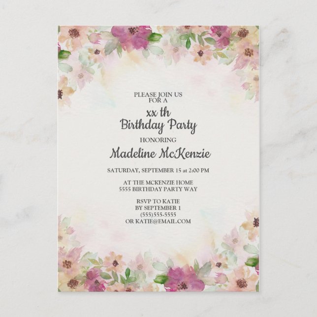 Fintvätt av Rosa Lila Blommigt av vattenfärg Vykort (Framsida)