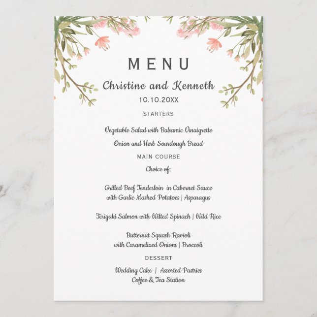 Fintvätt av rosa mjöliga blommor Bröllop eller Par Meny (Framsida)