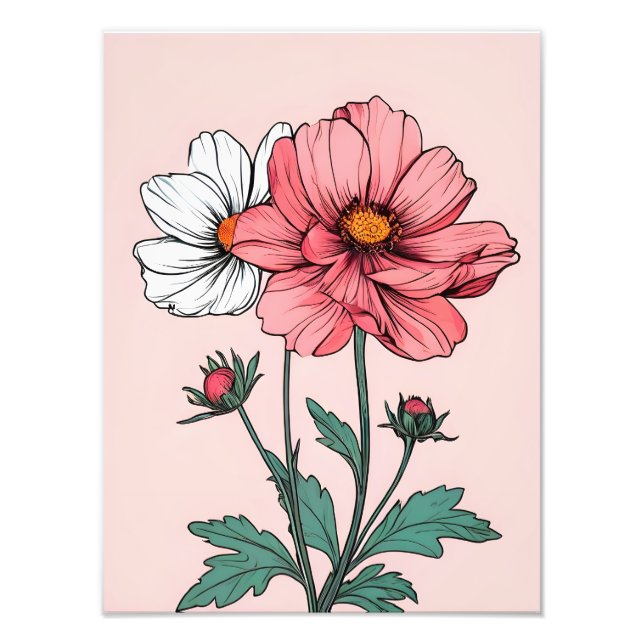 Fintvätt av Rosa och vitblommor Fototryck (Framsidan)