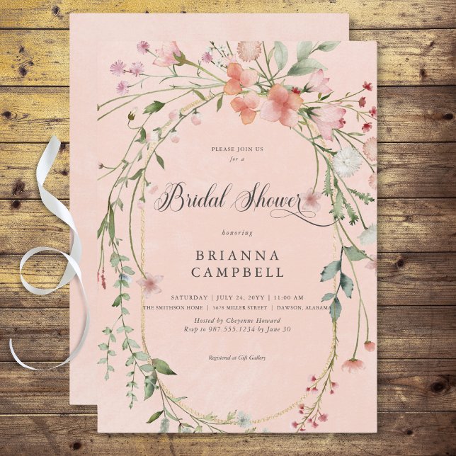 Fintvätt av Rosa Rustic Wildblommor Möhippa Inbjudningar (Delicate Pink Rustic Wildflowers Bridal Shower Invitation)