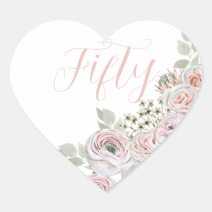 Fintvätt av rosa vattenfärgblommor "Femtio" födels Hjärtformat Klistermärke