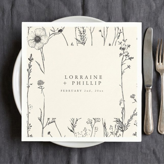 Fintvätt av rustik vild blommor bröllop napkin pappersservett (Delicate autumn wild flowers wedding napkin.)