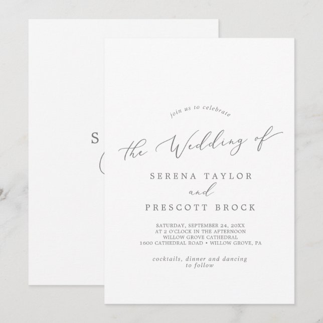 Fintvätt av Silver Calligraphy Monogram Bröllop Inbjudningar (Fram/baksida)