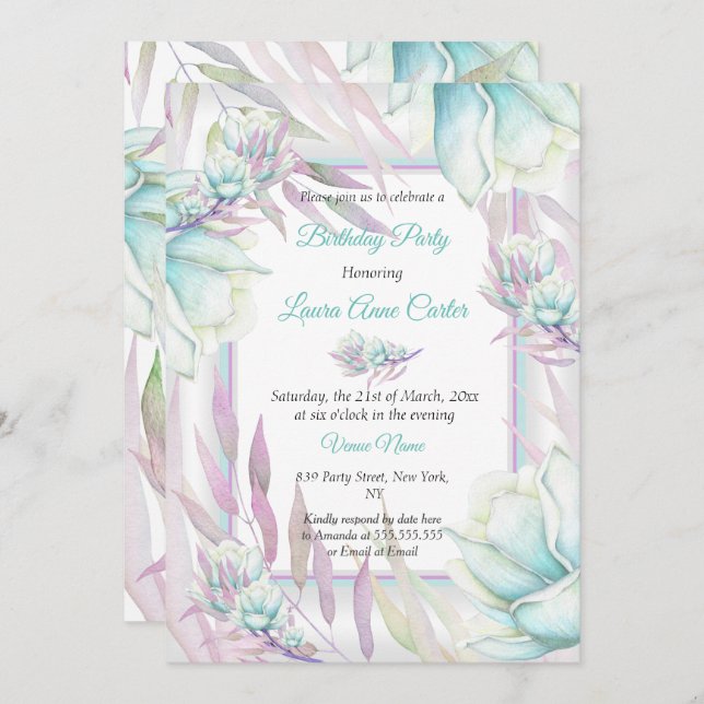 Fintvätt av skaldjur Lila Blommigt Vattenfärg Birt Inbjudningar (Fram/baksida)