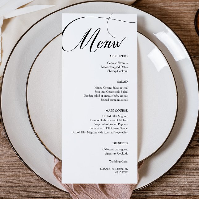 Fintvätt av svart kalligrafi Bröllop Meny (Delicate Black Calligraphy Wedding Dinner Menu Card)