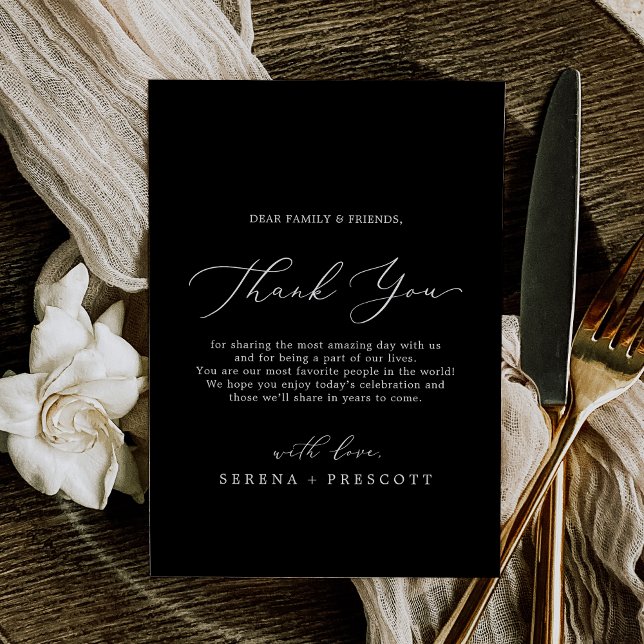 Fintvätt av svarta Tack för Mörk Vykort (Delicate Dark Black Thank You Reception Card)